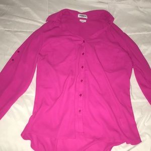 Express work button down in hot pink
